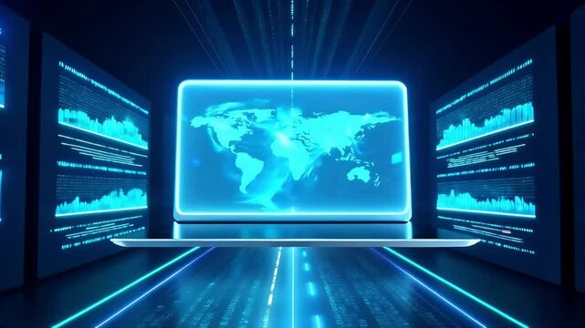 Futuristic Cyber Network laptop Data Visualization &ndash; AI Digital Technology Background