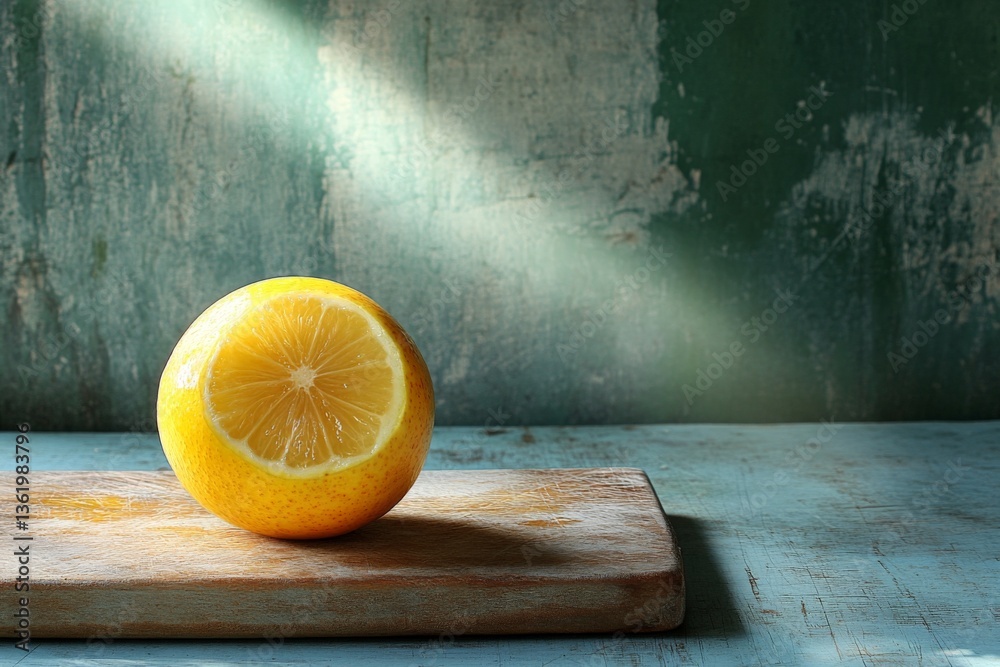 Poster bright lemon sits on a wooden cutting board in soft light highlighting its vibrant color and texture