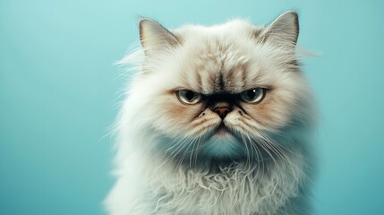 A cute Persian cat with an angry expression looking