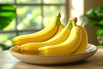 Freshly picked ripe bananas arranged beautifully on a plate in a sunlit kitchen