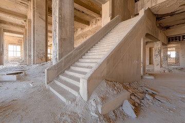 Abandoned industrial factory with dust-covered staircase and chaotic surroundings highlighting disuse
