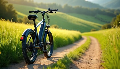 Obraz premium Electric bicycle explores countryside. Sustainable eco-friendly travel, bike tour through scenic nature landscape. Modern e-bike ride, eco-tourism, leisure activity and adventure on green energy.