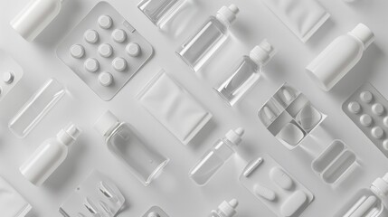Minimalist top view of clear plastic blister packs and small bottles of pills.