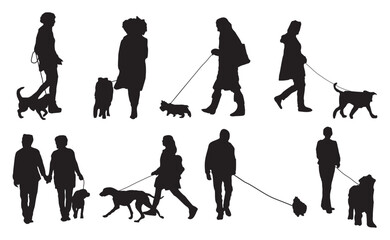 A series of silhouettes of people walking their dogs. The silhouettes are of people of different ages and genders, and their dogs are of different sizes and breeds. Scene is peaceful and relaxing