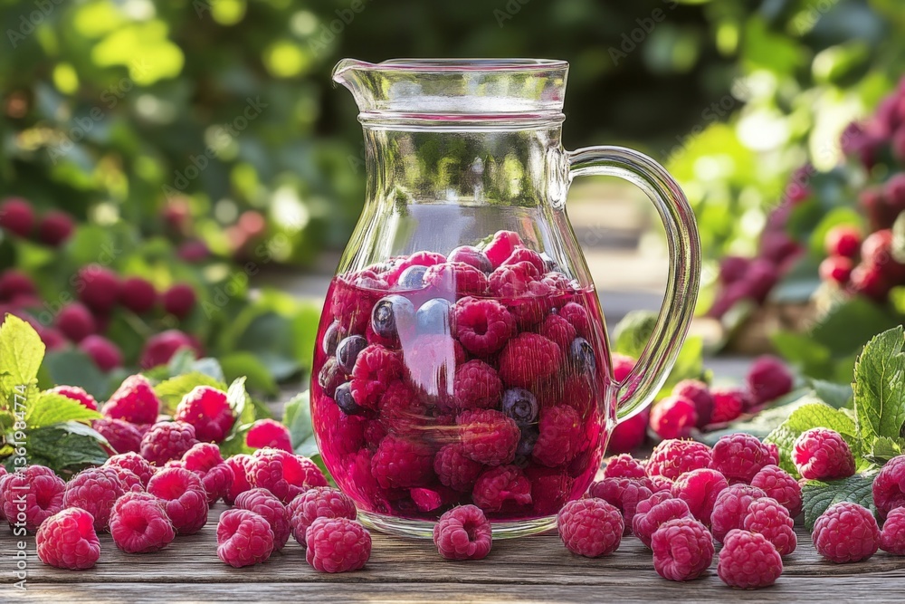 Poster refreshing pitcher of raspberry and berry drink surrounded by fresh fruits on a sunny day in a lush 