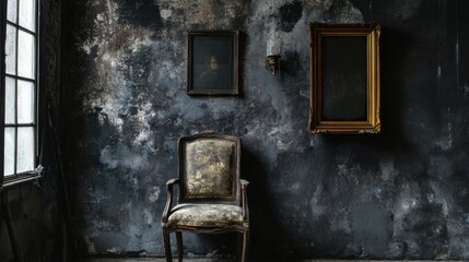 Old chair and empty frame on moody textured wall