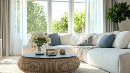 Modern country home featuring a sofa and table, creating a warm and inviting living space.