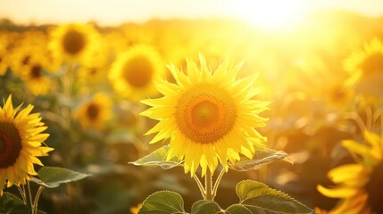 Obraz premium A close-up of a sunflower field under the golden summer sun