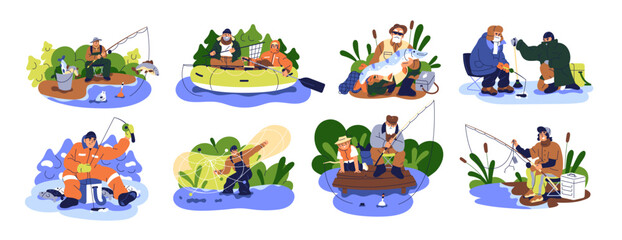 Obraz premium People are fishing set. Fishermen catch fish in river in summer and winter. Fishers, anglers with angling rods on boats, pier do fishery on lake. Flat isolated vector illustration on white background