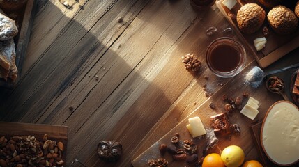 Warm breakfast scene with coffee, chocolate and oatmeal