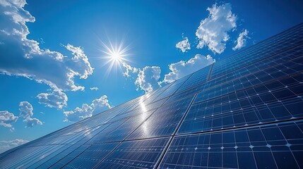 A bright sunny day overlooking a solar panel array installation