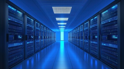 Glowing server racks in a modern data center, showcasing advanced technology and digital infrastructure.