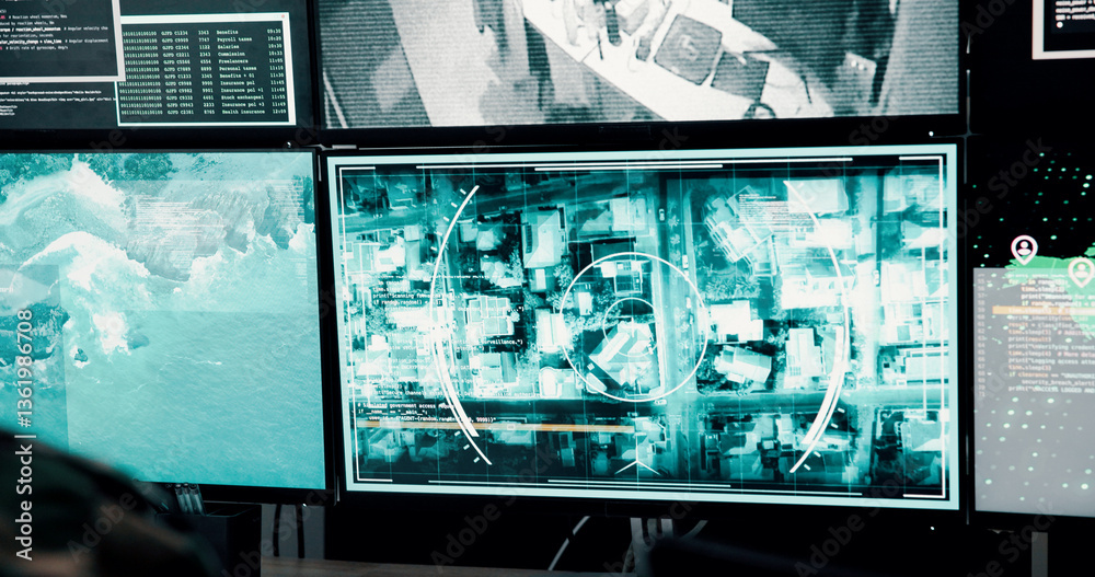 Poster man, soldier and check with computer screen in control room, military battle and monitoring war. arm