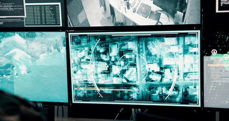 Man, soldier and check with computer screen in control room, military battle and monitoring war....