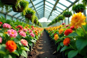 Greenhouse filled with colorful flowers blooming on lush, green plants,  blooming,  horticulture