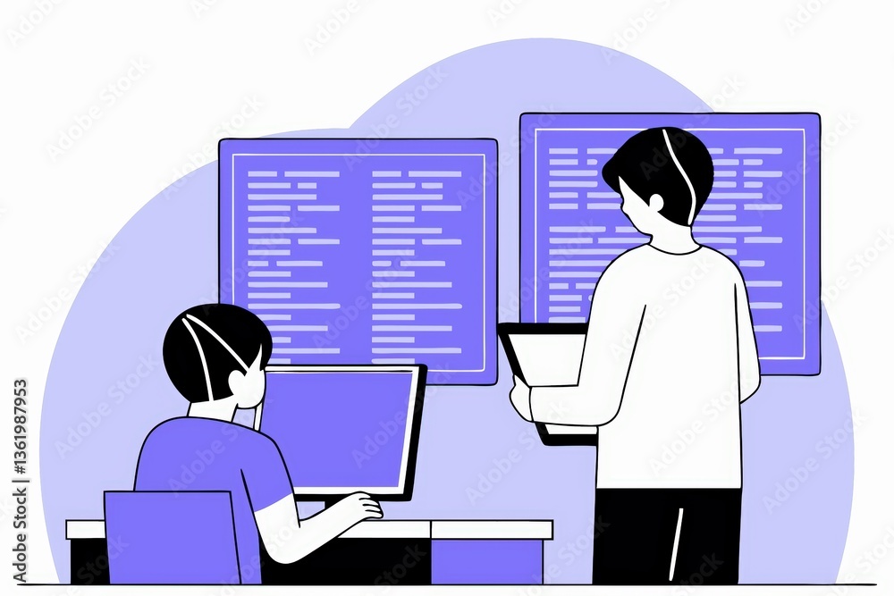 Poster two individuals engaged in programming, one seated at a computer and the other standing with a devic