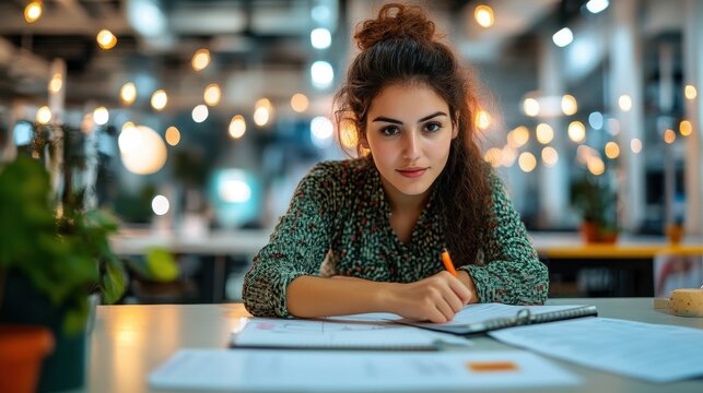 Young Woman Studying in a Brightly Lit Workspace