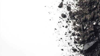 Obraz premium Close-up of dark soil spilling onto a white surface, symbolizing nature and agriculture in a clean environment