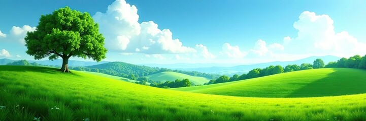Green landscape featuring lush trees, rolling hills, and a clear blue sky,  environment,  trees