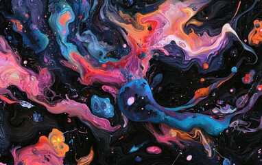 Abstract cosmic art with vibrant colors and swirling patterns. Pink, blue, orange, and purple hues dominate a dark background resembling a galaxy. The piece is dynamic and energetic