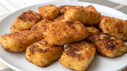 Crispy Fried Nuggets: Golden Brown Nuggets on White Plate, Savory Appetizer
