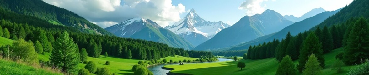 Green landscape in mountains with lush forests, meandering streams, and snow-capped peaks in the background,  green,  adventure
