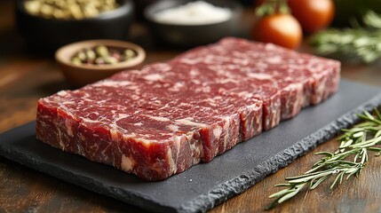 Fototapeta premium rectangular slab of traditional cured meat kavurma with a marbled texture,rich savory flavor ideal for turkish cuisine sandwiches or as a hearty meal component