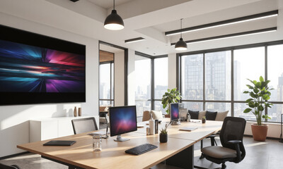 Advanced digital workspace with AI-powered tools, minimalist furniture, and a collaborative environment. The space includes sleek desks, ergonomic chairs, and high-tech digital screens