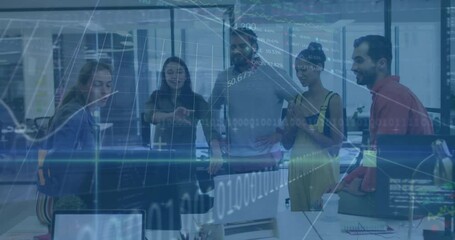 Collaborating in office, diverse team analyzing financial data with animation overlay - Powered by Adobe