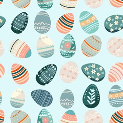 Hello spring, happy Easter! Seamless pattern in flat cute style. Digital illustration for posters, wrapping paper, textile, wallpaper