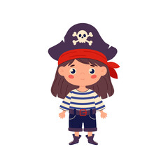 Cute girl child in pirate costume. Happy little girl dressed in pirate costume. Flat vector illustration of girl at pirate party