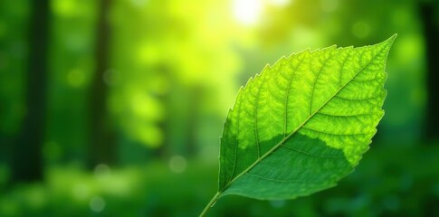 Green leaf with blurred greenery background and sunlight, perfect for natural landscape and ecology concepts,  ecology,  natural