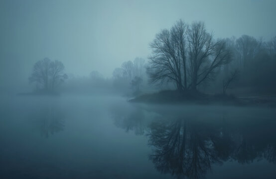 Misty landscape features lake, bare trees in foggy environment. Calm water reflects trees silhouettes. Atmospheric moody view, perfect for eco travel projects, environmental tech, design, promoting
