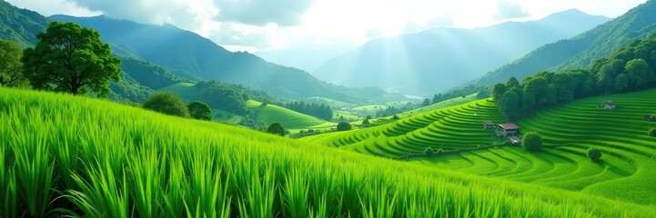 Green landscape with lush mountain hills and vibrant rice fields in a serene village setting, nature,  hills
