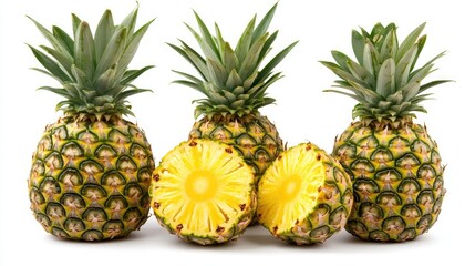 Fresh pineapples arranged artistically, showcasing vibrant colors and textures, with a clean white background