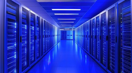 Glowing server racks in a modern data center, showcasing advanced technology and digital infrastructure.