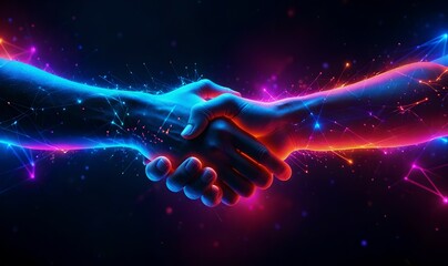 Digital handshake on blue technology background. Abstract two hands in lines, connected dots, and triangles. Polygonal grid 3D vector illustration. Business partnership concept. Low poly wireframe.