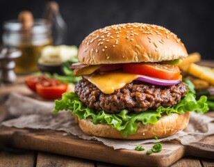 hamburger on a wooden background