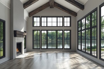 Obraz premium Large empty room with dark gray wooden beams, fireplace, lake view, light gray matte walls, and natural lighting.