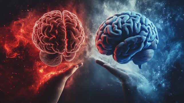 This image creatively depicts the duality of the human mind with two distinct brains, symbolizing contrasting thoughts, emotions, and abstract ideas against a cosmic backdrop.