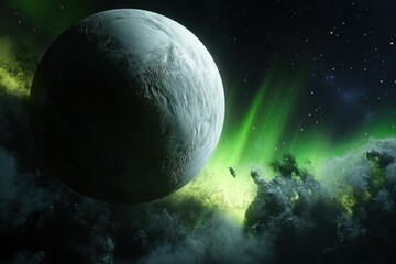 Obraz premium Vivid auroras illuminate the night sky over a distant planet in a cosmic landscape