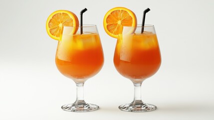 Two glasses of orange juice isolated on a white background, 3D rendering.