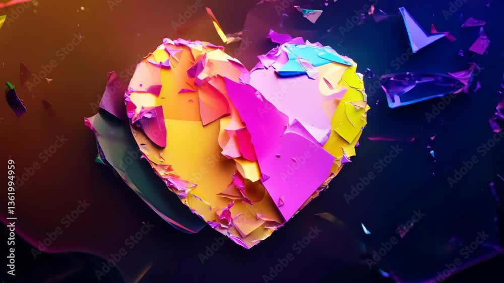 Aufkleber A heart is depicted with a lot of paper pieces scattered around it, making it look like it has been shattered into many pieces. The heart is in a black background