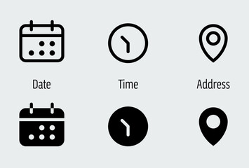 Date, time, address, location icon set. Calendar, clock, map pin, reminder, adress symbols business sign.
