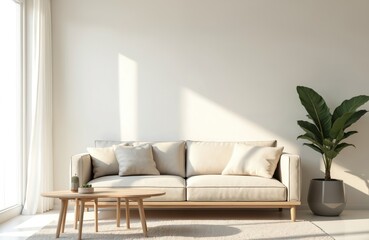 Modern minimal interior design, living room with beige sofa. Light from window falls on wall. Wooden coffee table with decor. White curtains. Home decor, cozy and comfortable apartment.