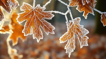 Frosted orange leaves capture the sunlight with delicate frost details, embodying the beauty of winter's approach and the transition of seasons through nature’s intricate patterns.