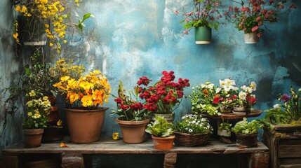 Sunny patio garden with colorful potted plants and blue wall