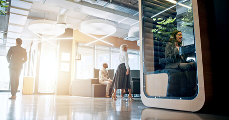 Lobby, cubicle and business people in office in morning with meeting for collaboration, teamwork and discussion. Professional, corporate and privacy with woman in workspace pods for productivity