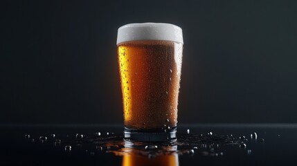 Minimalist glass of beer with cold water droplets on a black background