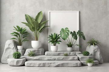 Stone Podium with Tropical Plants and Frame